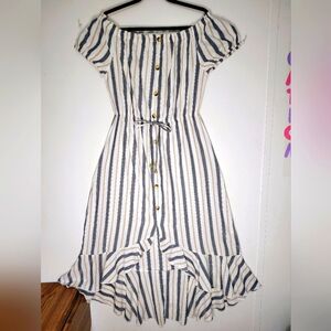 off-shoulder midi dress asymmetrical ruffle vertical lines, large, cotton blend.